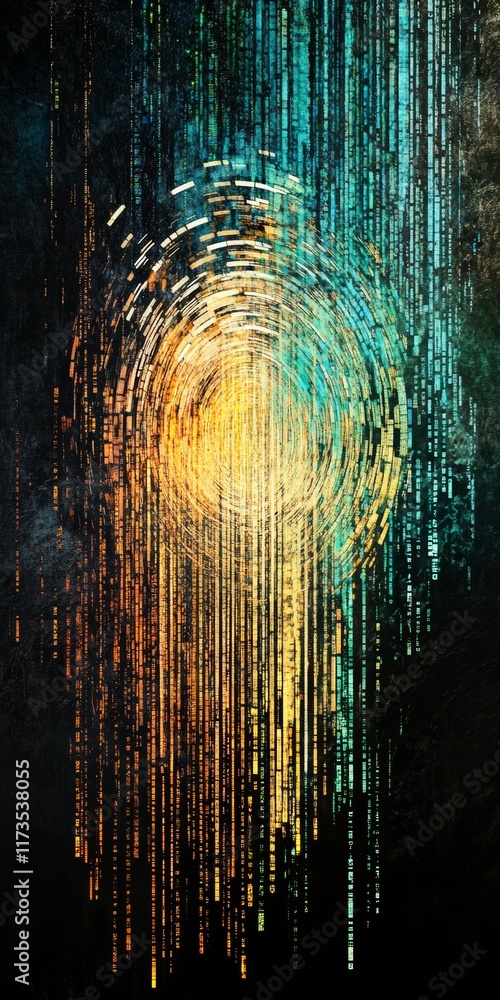 Poster a vibrant abstract digital background featuring circular patterns and dynamic lines, showcasing a un