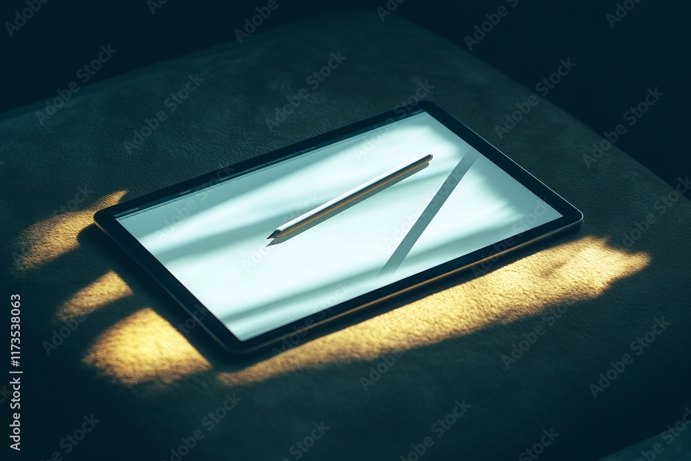 Poster a digital tablet with a stylus resting on a soft surface, highlighted by warm light in a dimly lit r