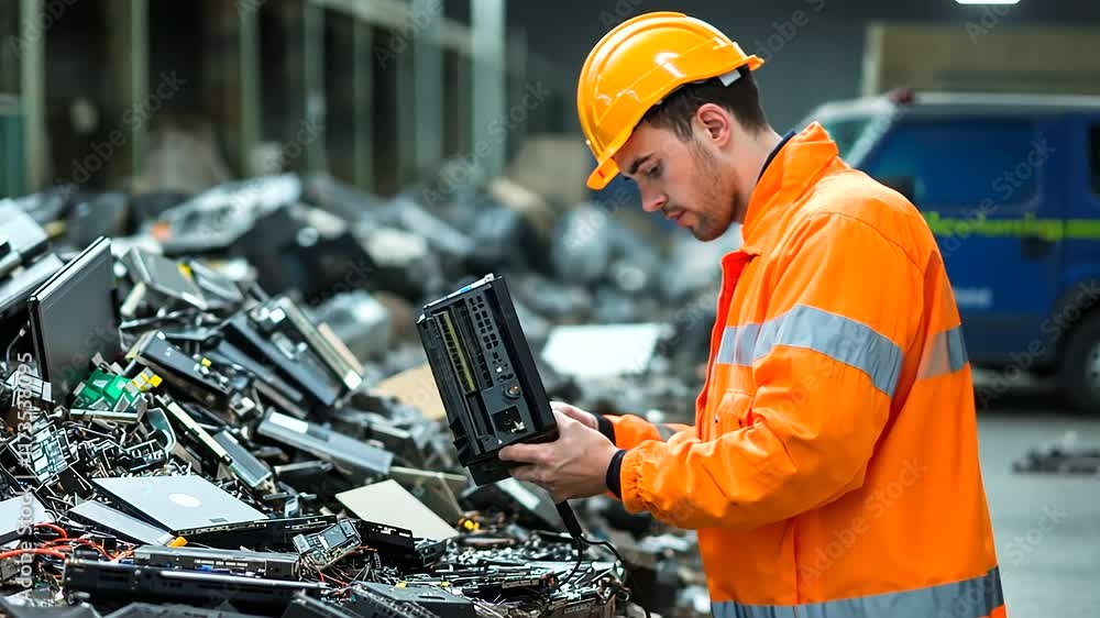 Poster a worker uses a scanning device to identify recyclable components from a discarded laptop, with rows