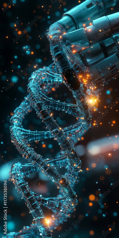 Poster a detailed 3d rendering of a robotic dna strand, showcasing advanced technology and glowing elements