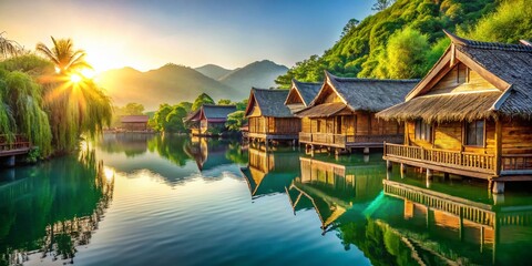 Obraz premium Serene Bamboo Houses on Water: Relaxing Tropical Getaway Stock Photo