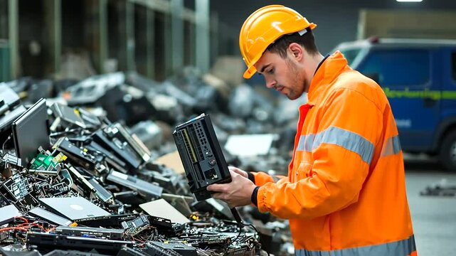 A worker uses a scanning device to identify recyclable components from a discarded laptop, with rows of broken electronics stretching into the distance