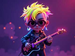 Cool Cartoon Boy with Bright Yellow Hair Playing Electric Guitar in Neon Light