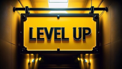 bright yellow signboard on a metal frame hanging in a dimly lit corridor featuring the bold phrase level up in black letters