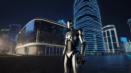 A Futuristic Robot in a Modern City at Night - Powered by Adobe