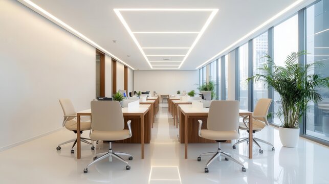 Private workspace with ergonomic wooden furniture, clean lines, and optimized for a clutterfree environment, smart and charming concept