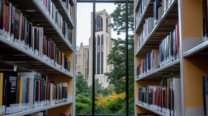 A peaceful library with towering bookshelves and ladders, offering a view of a grand building through large windows, inviting quiet study.