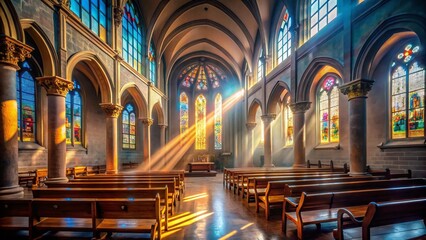 Obraz premium Serene Church Interior: Sunlight Streaming Through Stained Glass Windows