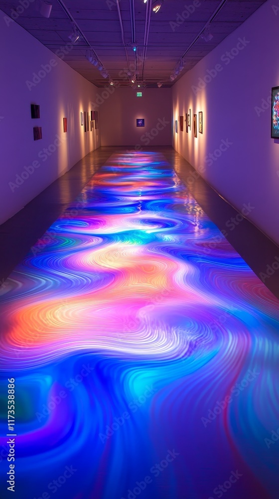 Poster explore a surreal gallery setting where vibrant lights create shifting patterns on the floor, blendi
