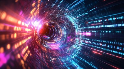 Obraz premium Experience a surreal futuristic world filled with vibrant data streams flowing through a dynamic tunnel of light, showcasing the essence of technology and energy in motion.