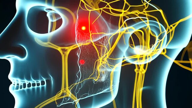A close-up anatomical diagram of the human face, showing the trigeminal nerve pathways in yellow, with an inflamed red area near the temple and educational text about symptoms and