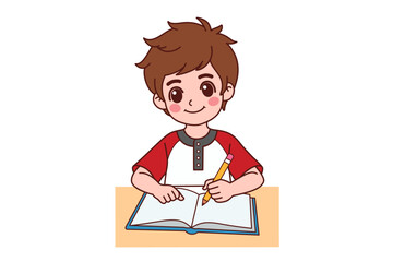 A boy is sitting and doing his homework. Flat vector style characters.