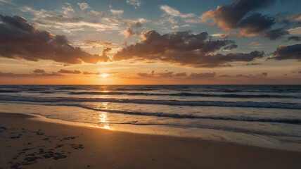 Obraz premium Breathtaking Beach Sunset: Waves and Clouds in Perfect Harmony