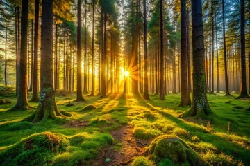 Fototapeta premium Serene Forest Dusk: Golden Hour Light Through Trees, Peaceful Nature Scene