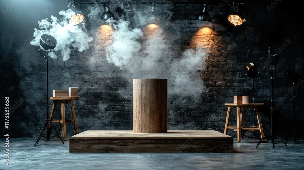 Poster cozy room featuring vintage smokestack with two rustic stools creating an inviting atmosphere for re