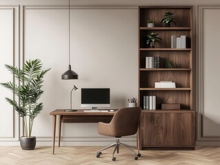 Minimalist home office with a polished mahogany desk, builtin shelving, and warm ambient lighting, smart and charming concept