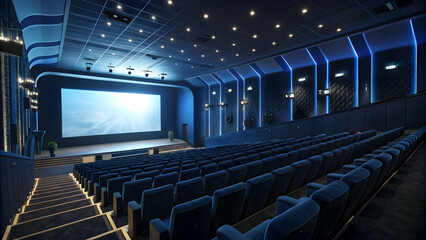 Empty movie theater with glowing blue screen and detailed cinematic textures
