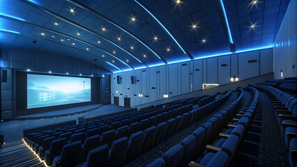 Naklejka premium Empty movie theater with glowing blue screen and detailed cinematic textures
