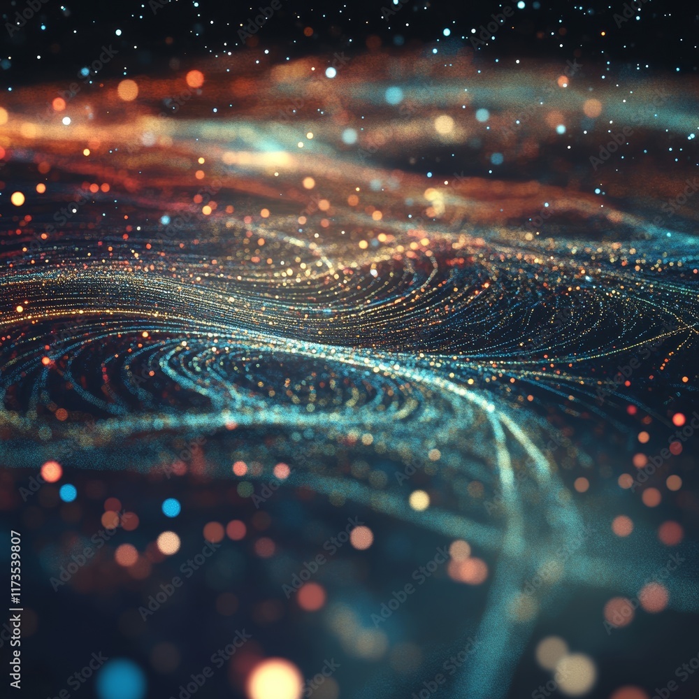 Poster a mesmerizing abstract digital landscape featuring glowing particles and dynamic waves, creating a f