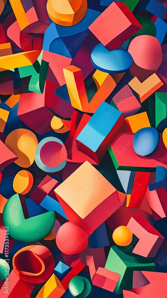 Aufkleber A vibrant abstract composition featuring an array of colorful geometric shapes, including cubes and spheres, creating a dynamic visual effect.