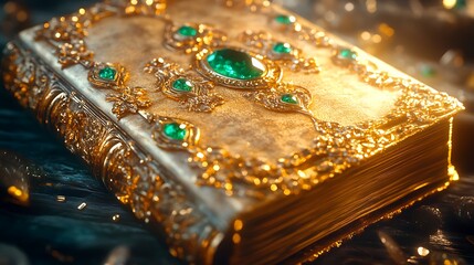 A golden book adorned with sparkling emeralds glowing under soft sunlightss
