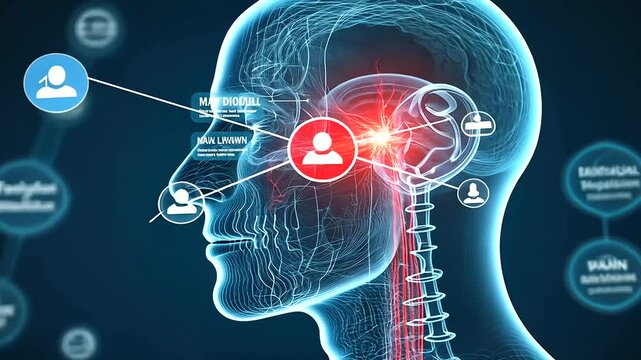A D-illustrated facial nerve map highlighting the trigeminal nerve, with a red flare showing pain points and text bubbles describing neuralgia's impact and advanced treatment meth