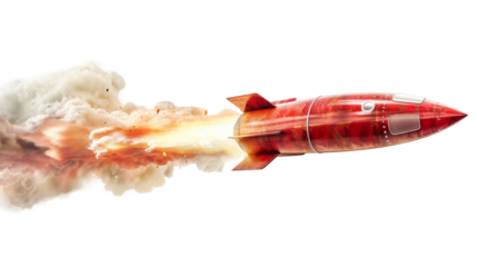 Rocket Launching into Space, A powerful rocket soars upwards, its thrusters ablaze with fire and smoke against a clear sky, isolated, png, transparent, clipart, transparent background, cutout, cut-out