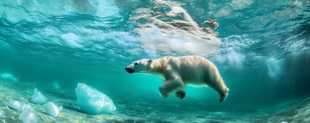 A polar bear swims through the icy waters of the Arctic, its white fur contrasting with the deep blue of the ocean. Moving among the icebergs. International Polar Bear Day