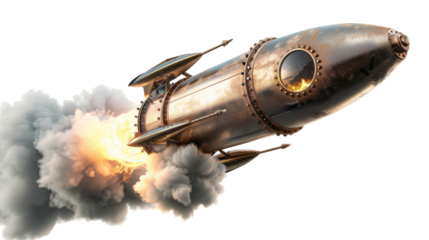 Rocket Launching into Space with Fiery Thrusters, A powerful rocket soars upwards, symbolizing exploration, isolated, png, transparent, clipart, transparent background, cutout, cut-out