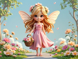Fototapeta premium Adorable Fairy with Pink Dress Flower Basket Walking in Spring Garden