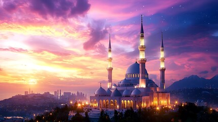 Naklejka premium Illuminated mosque at sunset, city skyline backdrop, vibrant sky.