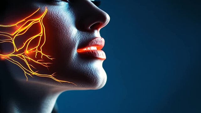 A facial profile featuring the trigeminal nerve pathways glowing in yellow, a painful zone marked in red near the jawline, and an informative caption explaining nerve block techniq