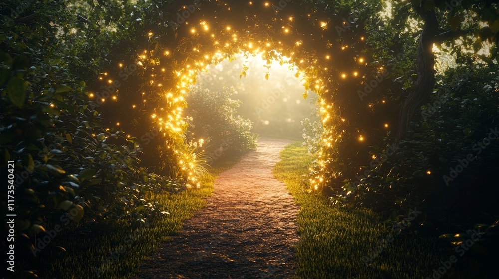 Poster a mystical forest path glowing with golden lights, surrounded by lush greenery, creating a magical a