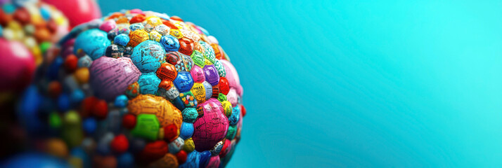 Colorful globe collection celebrating earth day on vibrant blue background. Horizontal banner. Copy space. Travel and education concept. Mother language day