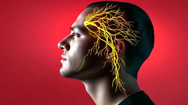 A head silhouette with detailed trigeminal nerve branching in yellow, a vivid red zone on the cheek indicating pain, and a sidebar with concise information about neuralgia and ther