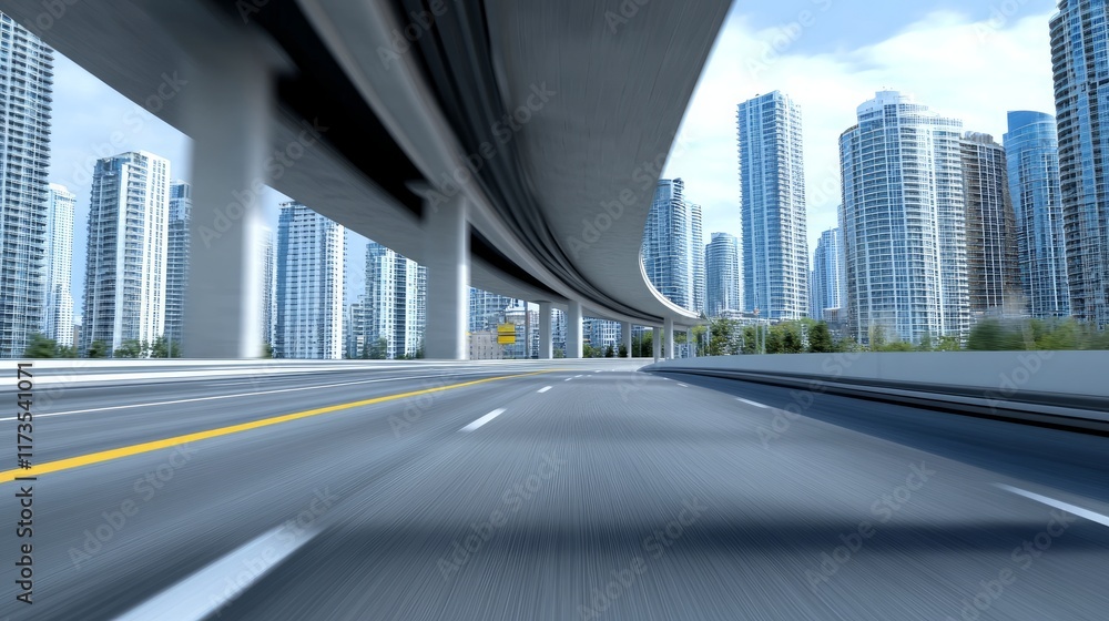 Poster highway overpass captured with motion blur and a bustling cityscape in the background