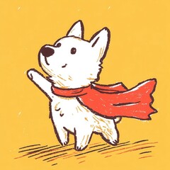 A cute dog wearing a superhero cape, cartoon style, playful theme, dynamic action pose, colorful backdrop, cheerful mood.