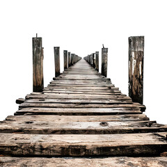 Fototapeta premium Perspective view of a fishing pier wooden isolated on white background, purpose, direction and infinity, isolated, png, transparent, clipart, transparent background, cutout, cut-out