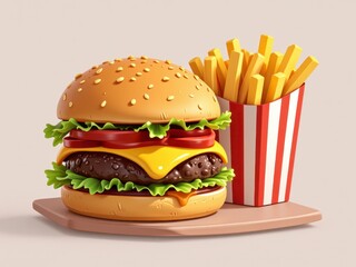 Delicious Cheeseburger with French Fries on a Tray 3D Render of Fast Food Meal