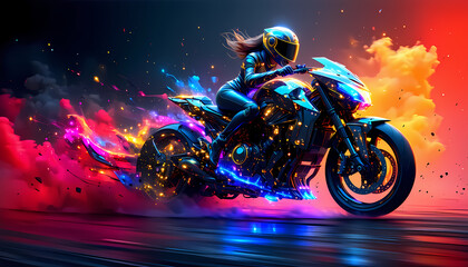 Futuristisches Motorrad mit einer dynamischen Bikerin, umgeben von abstrakten Farbexplosionen aus Feuer und Rauch, die eine kraftvolle und energiegeladene Atmosph&auml;re schaffen.
