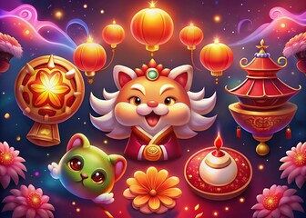 set of christmas decorations Chinese paper lantern and red lamp isolated icons of Asian Lunar New Year holiday decoration vector