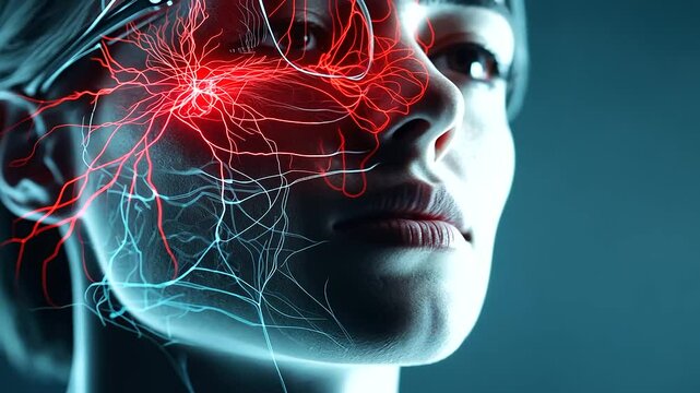 A vibrant anatomical depiction of the trigeminal nerve pathways on a realistic face model, with pain highlighted in red near the forehead and informational graphics on neuralgia tr