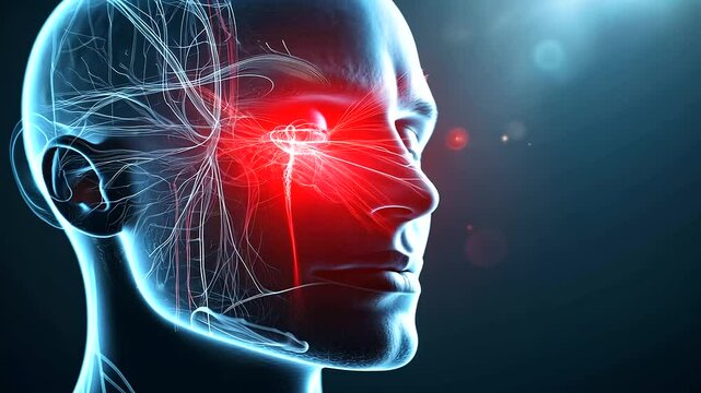 A vibrant anatomical depiction of the trigeminal nerve pathways on a realistic face model, with pain highlighted in red near the forehead and informational graphics on neuralgia tr