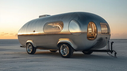 Obraz premium Futuristic travel trailer on salt flats at sunset