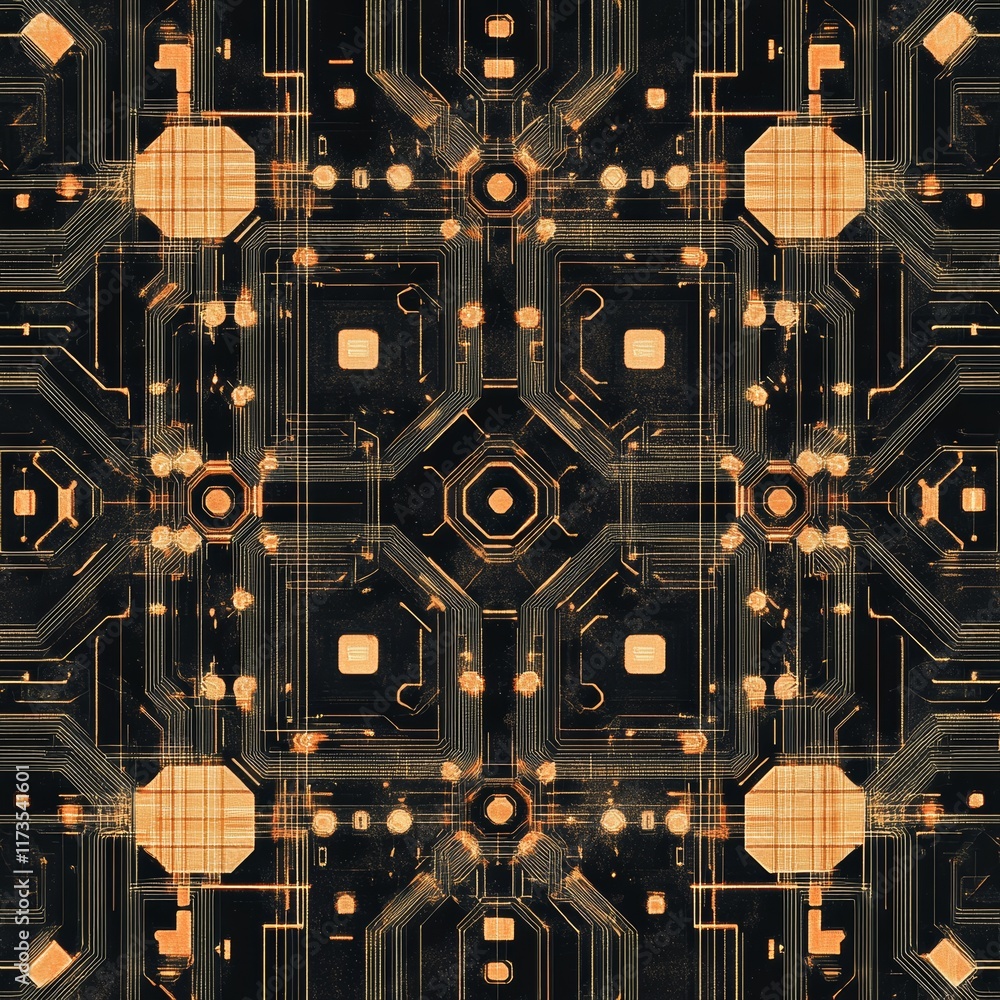 Poster a colorful and intricate design made up of squares and circles, with a yellow background. the square