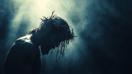 Jesus christ adorned with a crown of thorns, symbolizing sacrifice for humanity s sins in darkness