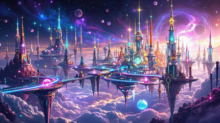 Fototapeta premium Floating Abstract City in a Dreamlike Mindscape with Glowing Lights