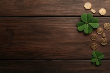 Lucky clover leaves and gold coins on rustic wooden table