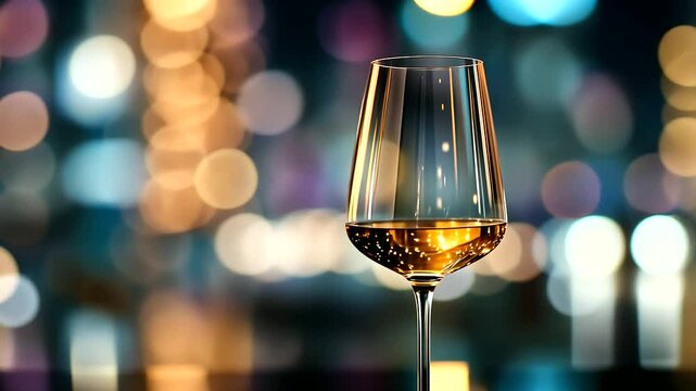 A sparkling wine glass on a sleek reflective table, surrounded by glowing string lights and colorful bokeh in the background, capturing the essence of a festive New Year's Eve cele