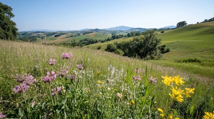 Fototapeta premium A vibrant meadow blooms with colorful wildflowers under a clear blue sky, creating a fresh and lively scene of natural beauty and tranquility.